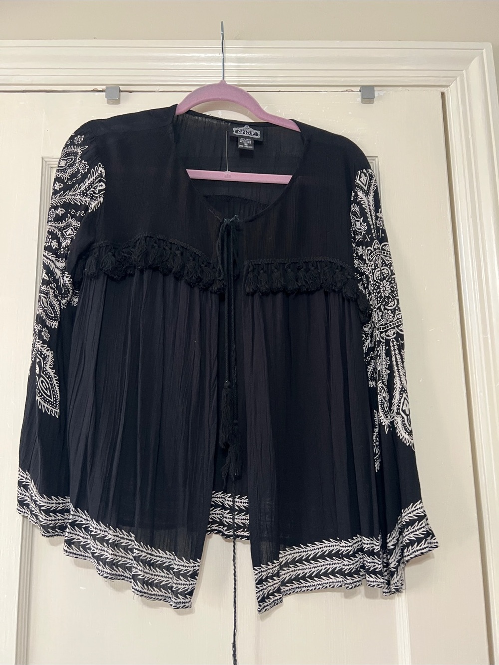 Angie Black Tunic Top with White Embroidered Sleeves and fringe
